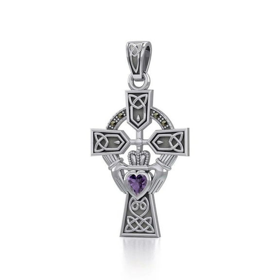 Cross Irish Claddagh 925 Sterling Silver Marcasite Pendant Fine Heritage Jewelry