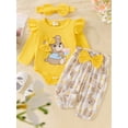 thumbnail image 2 of Suealasg 3Pcs Newborn Baby Girls Fall Outfits Clothes Set 3 6 9 12 18 Months Infant Girls Crew Neck Long Sleeve Bear Print Romper Long Pants Headband Set, 2 of 8