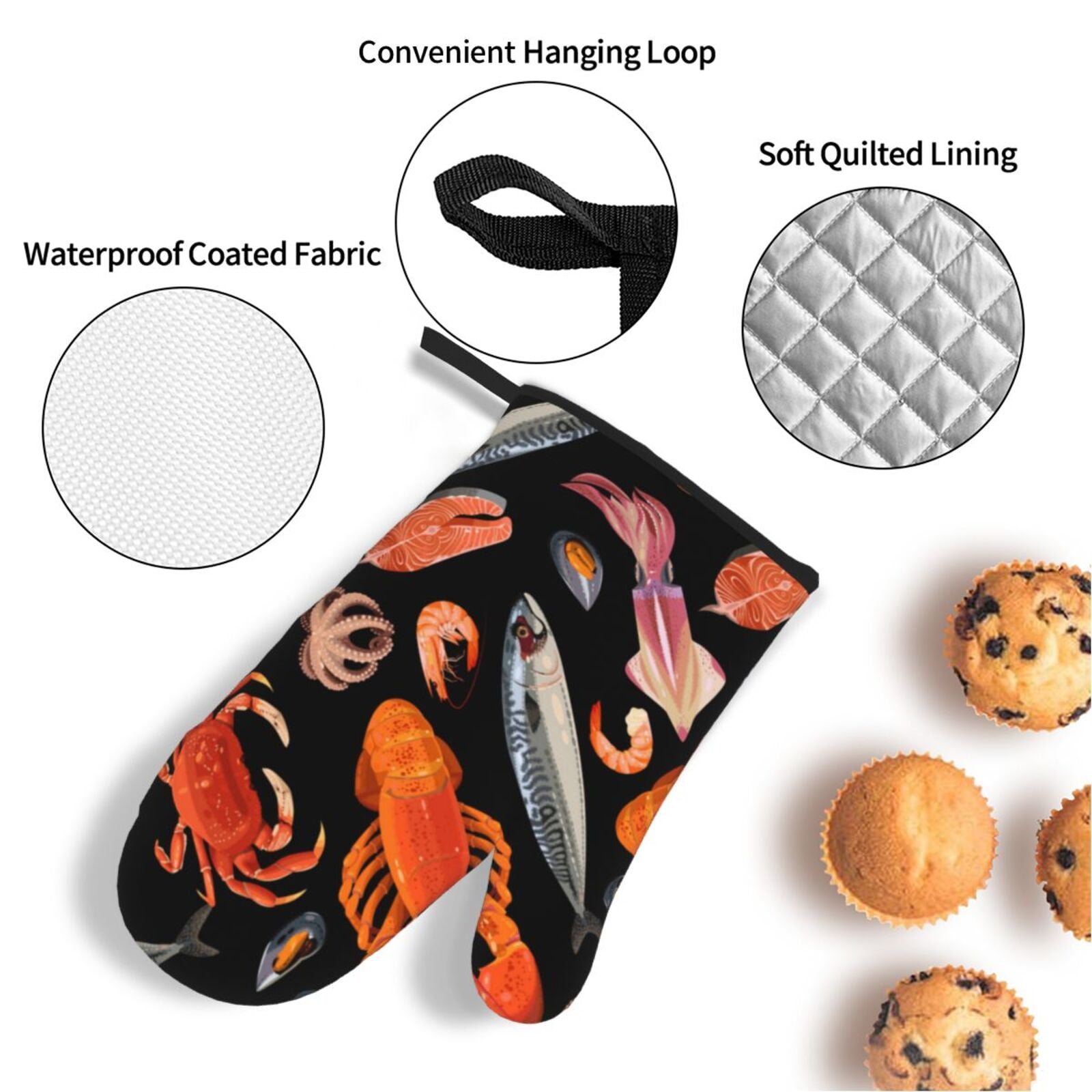 Seafood Pattern Crayfish Crab Shrimp 4Pcs Oven Mitts and Pot Holders Sets Oven Kitchen Gloves Hot Pads for Cooking BBQ Baking Grilling