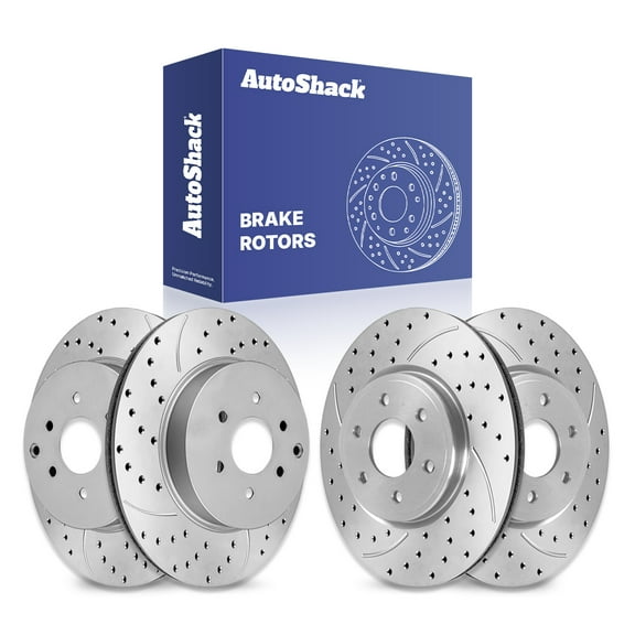 AutoShack Front Vented & Rear Vented Drilled & Slotted Coated Brake Rotors Silver Matte Finish 4-PC Set Replacement for 2005-2012 Nissan Pathfinder TurboGuard