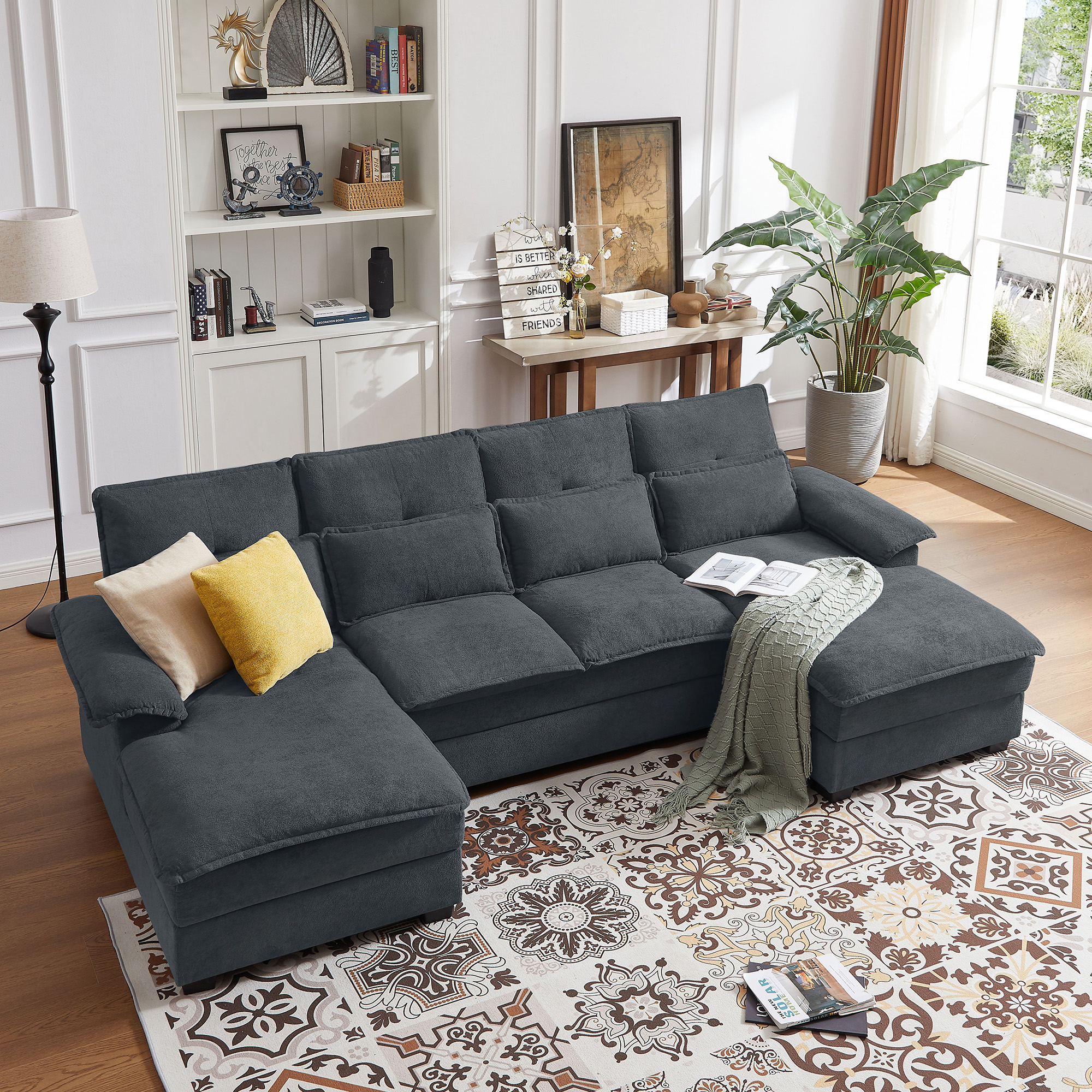 Soscana U Shaped Cloud Couch Sectional Sofa 4 Seat with Double Chaise, Modern Linen Sofa with Waist Pillows for Living Room Apartment Office Studio,Dark Gray