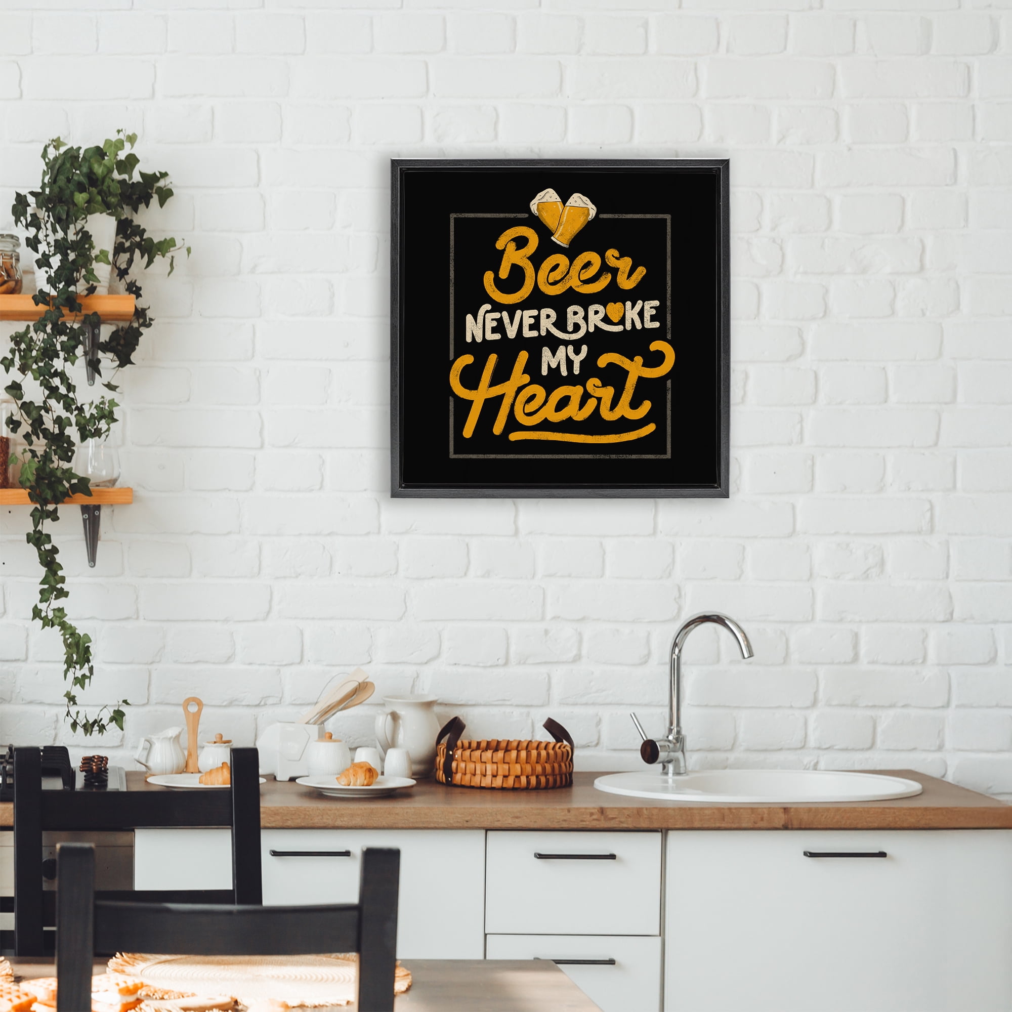 Stupell Industries Beer Never Broke My Heart Black Framed Floater Canvas Wall Art, design by EduEly Designs