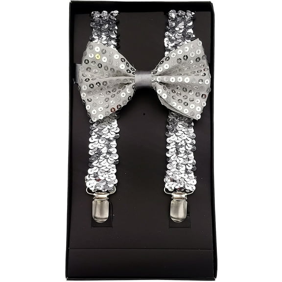 Adult Unisex SILVER SEQUINS Sequined Suspenders and Bow tie Set Adjustable BOXED GIFT SET