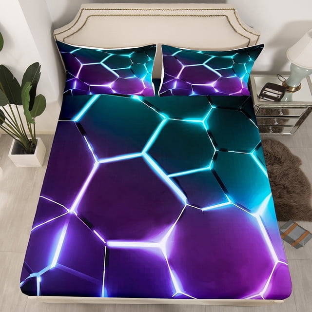 Erosebridal Teens Geometry Fitted Sheet Set Queen, Futuristic Abstract Bedding Queen Size, Striped Decor, 3pcs(No Top Sheet)