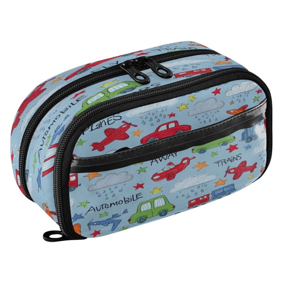 Large Pencil Pen Case Capacity PVC Pencil Pouch Makeup Bag for Women Man, Blue Transport PrintPrinted