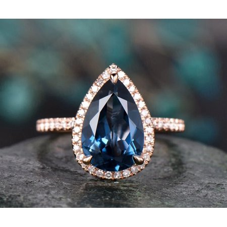 Astrological Rashi Ratna 14k Rose Gold Bridal Wedding Ring Natural Pear Shaped London Blue Topaz Ring Anniversary Gift Ring For Beloved