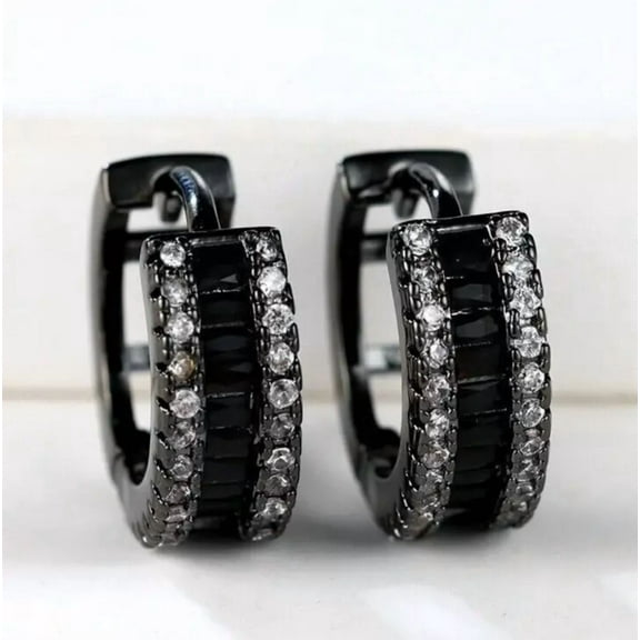 Iced Rhodium Plated Micro Pave Black Cubic Zirconia Men Women Hoop Earrings