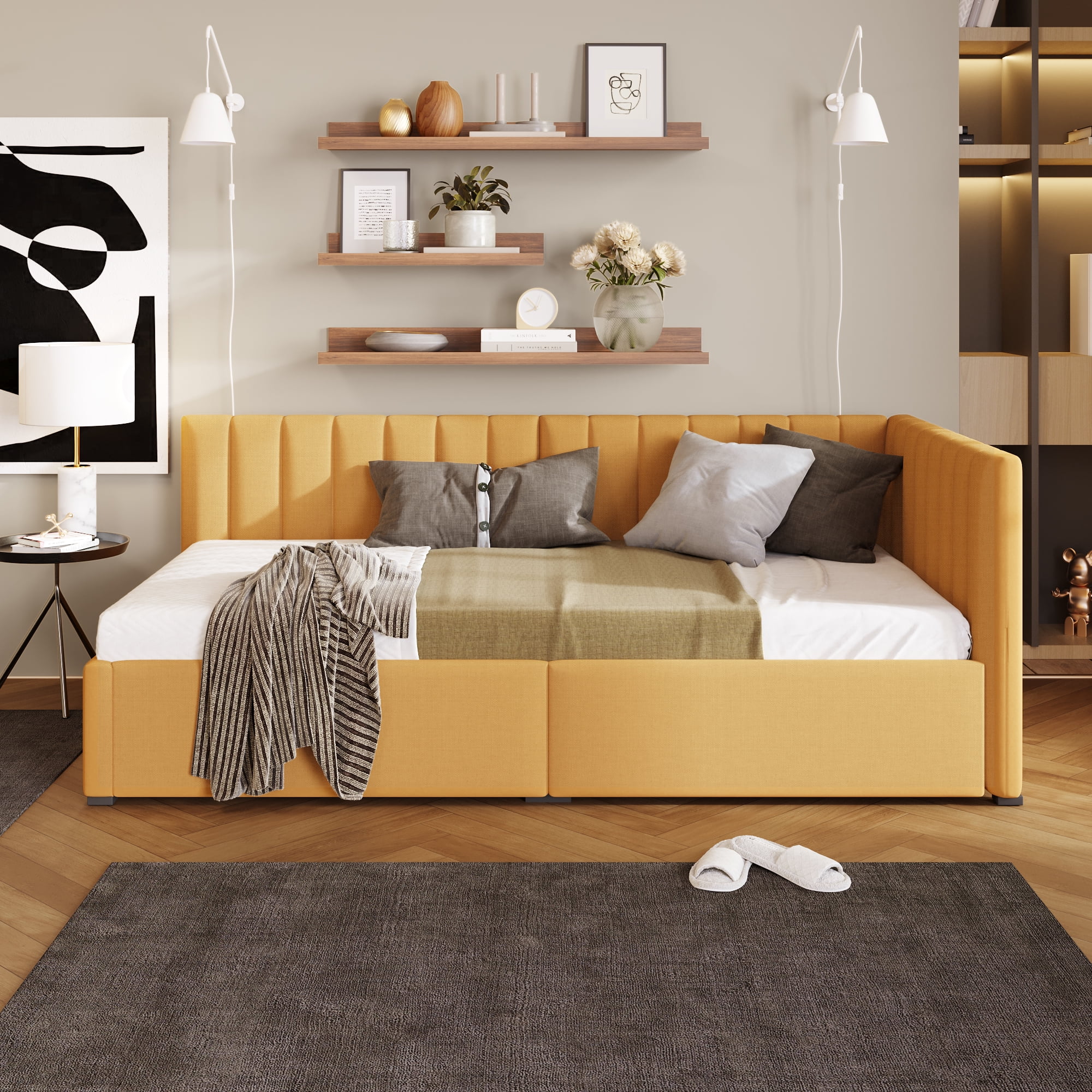 Aukfa Upholstered Daybed with Two Storage Drawers, Twin Sofa Bed Daybed, Yellow