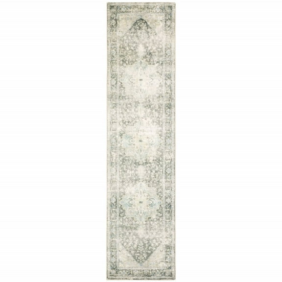 HomeRoots 2' X 8' Grey Ivory And Blue Oriental Power Loom Stain Resistant Runner Rug