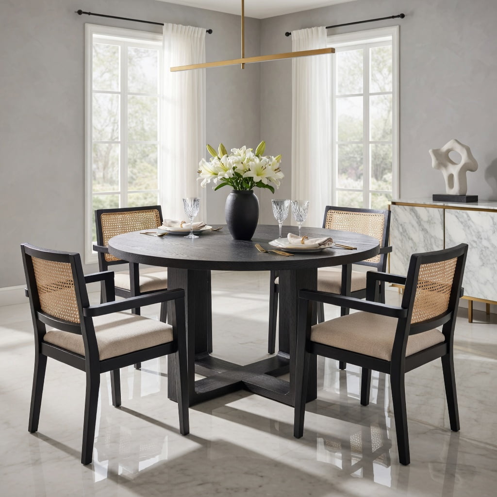 Hommoo 47-Inch Round Solid Wood Dining Table, Sturdy Cross-Base Kitchen Table for 4 to 6 People, Farmhouse & Modern Style, Black