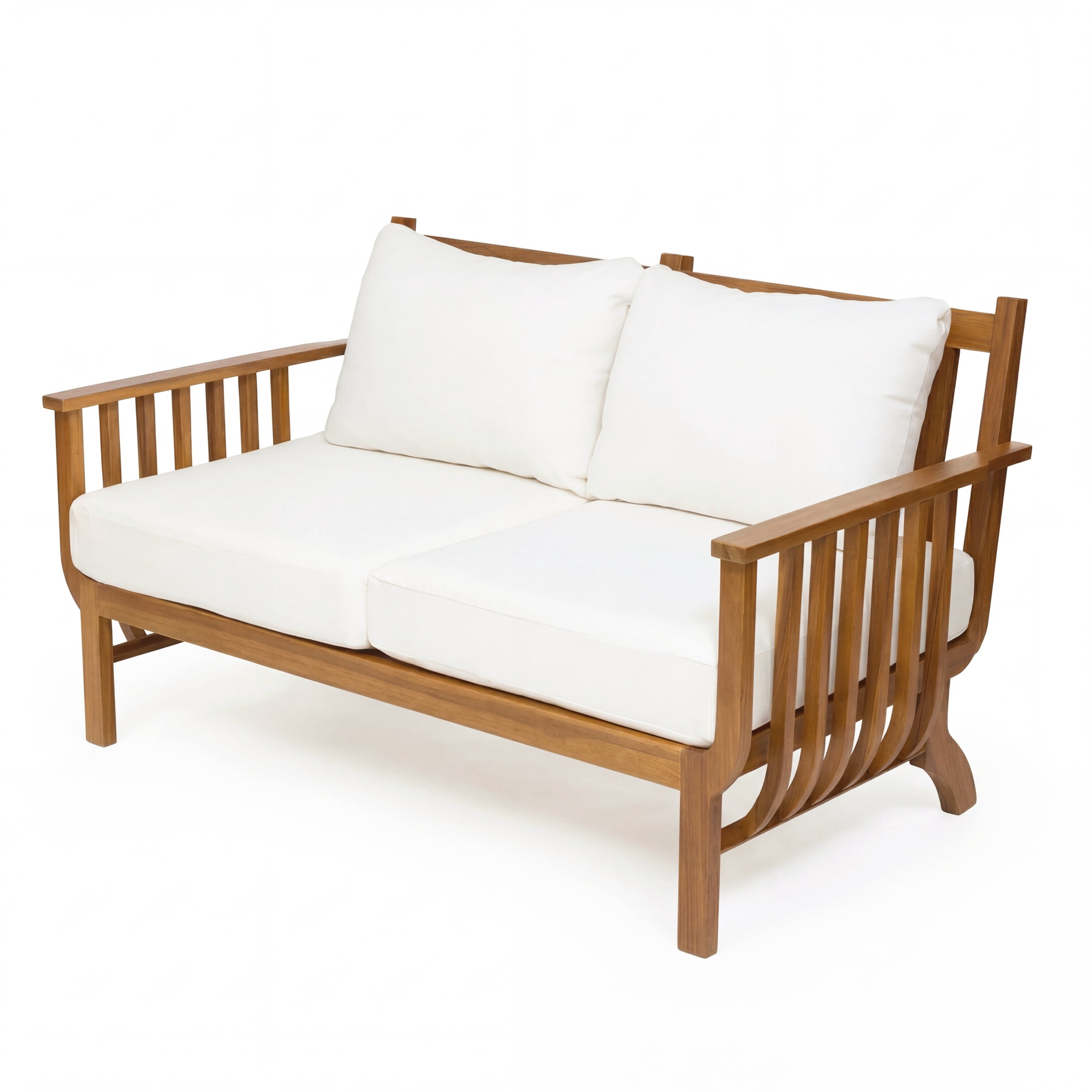 Christopher Knight Home Mid-Century Outdoor Loveseat, Acacia Wood Frame with Cushion, Natural+Beige