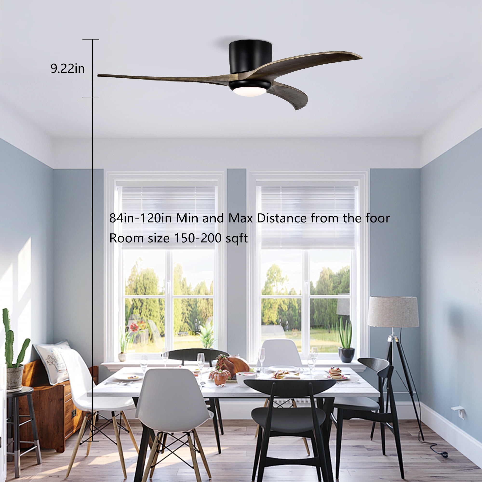 Flush Mount Ceiling Fan with Light, 52 Inch Solid Wood Blade Low Profile Fan for Home Indoor, Matte Black
