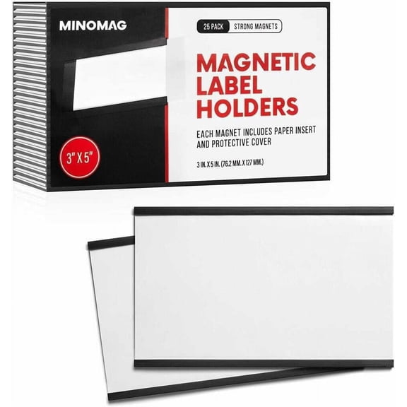 Minomag Magnetic Label Holders 3x5 Inches (25 Count) | C Channel Data Card Holders for Metal Shelves, Filing Cabinet, Toolbox