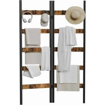 Foldable Blanket Ladder, 5-Tier Ladder Shelf, Decorative Ladder with 5 Removable Hooks, Wall-Leaning Blanket Holder for Towel, Scarves, Quilt Display Rack for Living Room, Rustic Brown