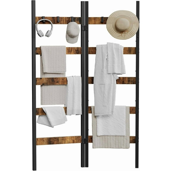 Foldable Blanket Ladder, 5-Tier Ladder Shelf, Decorative Ladder with 5 Removable Hooks, Wall-Leaning Blanket Holder for Towel, Scarves, Quilt Display Rack for Living Room, Rustic Brown