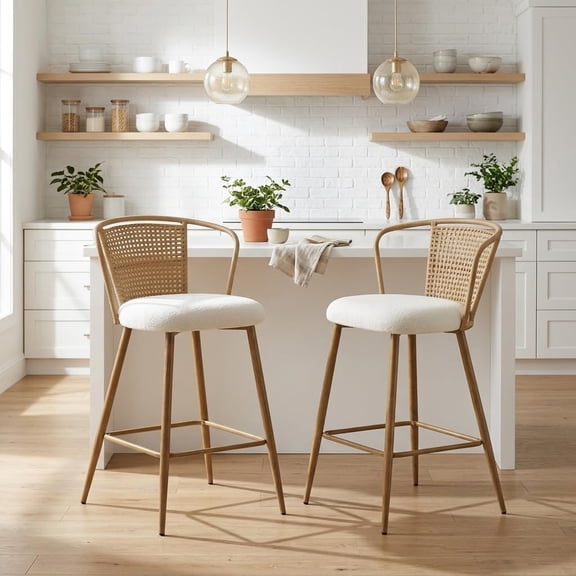 NeatifyesRattan Counter Height Bar Stools,Upholstered Boucle Fabric Barstools with PE Rattan Cane Back, Bar Chairs Counter Stools for Kitchen Island,Beige White Set of 2