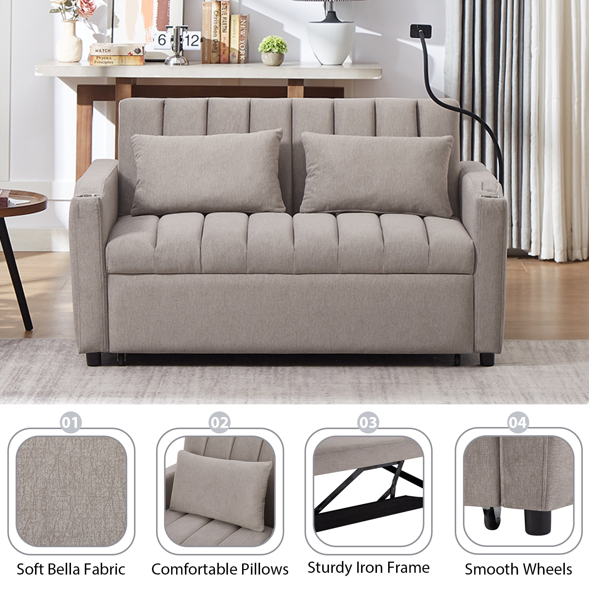 EUROCO 1100LBS Queen Pull Out Sofa Bed, 55.9" Convertible Sleeper Loveseat with 3 USB Ports, 2 Side Pockets,2 Cup Holders and 360°Swivel Phone Holder,Modern Loveseat Sofa for Living Room