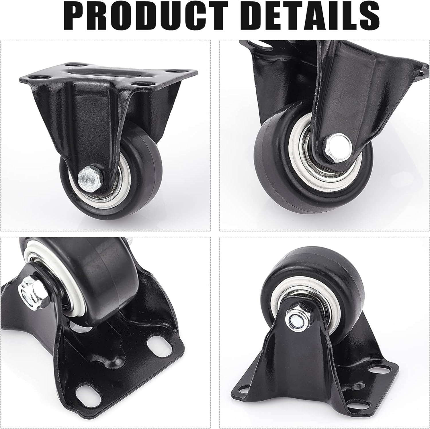 4Sets 1.6inch PU Fixed Caster Wheels Black Casters Set with 48Pcs Stainless Steel Screw Nut Sets Wheels for Furniture Workbench Office Swivel Chair