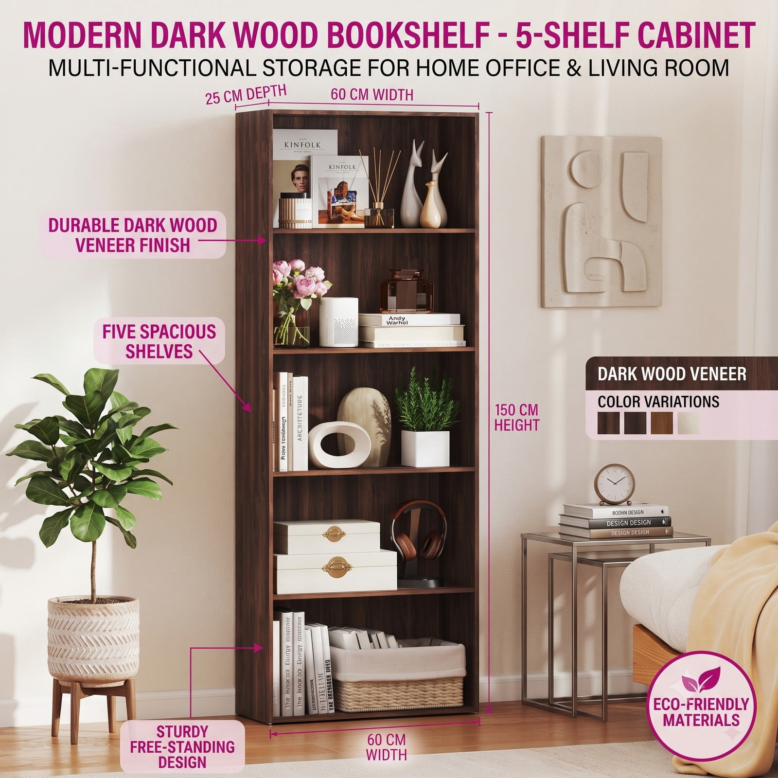 Furnibear 5-Shelf Bookcase, 67 Inch Tall Wood Storage Bookshelf, Modern Multi-Functional Display Cabinet with Anti-Tipping Kit for Home Office, Living Room, Bedroom