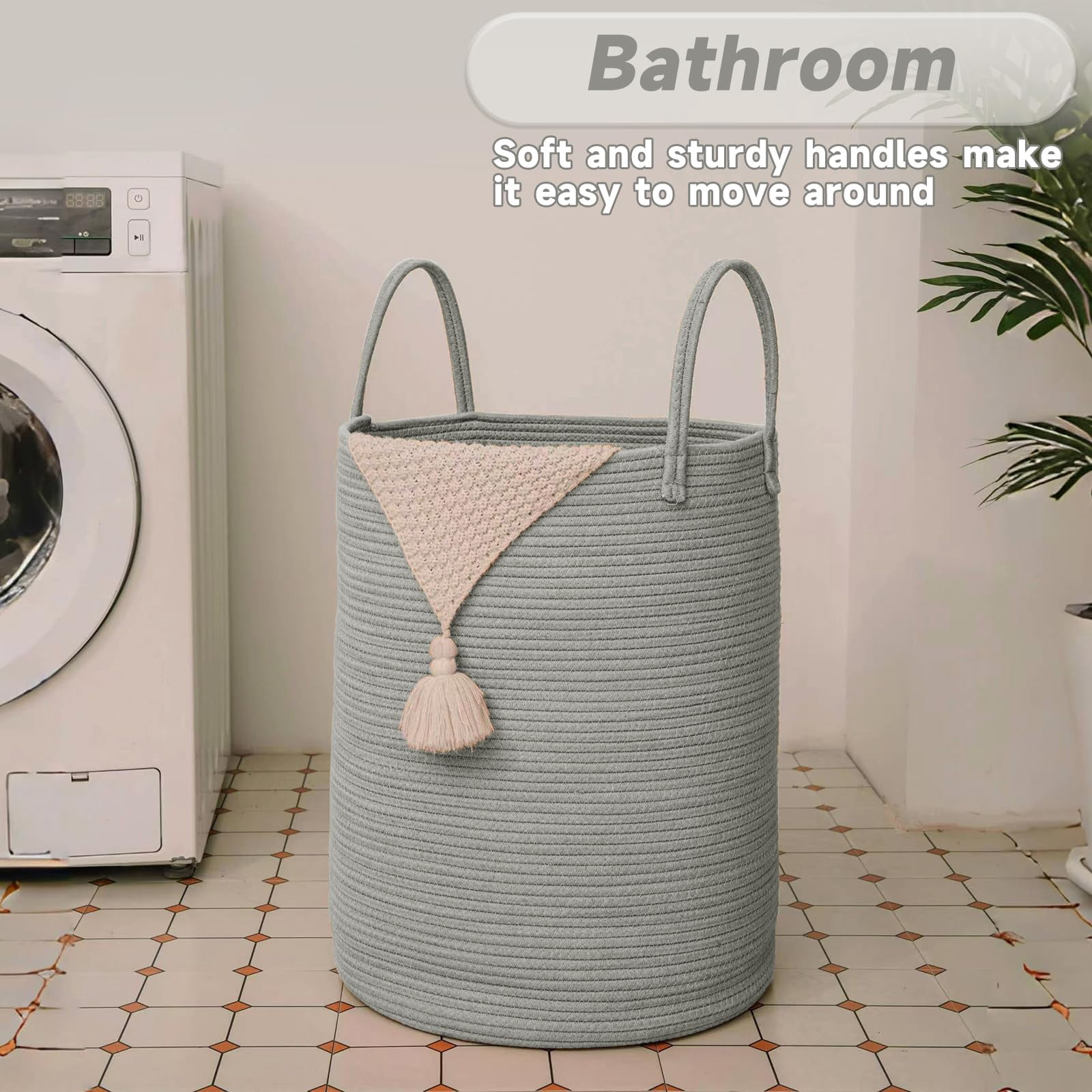 Large Woven Laundry Basket Hamper,60L Cotton Rope Storage Bin for Blankets,Toys and Clothes,Decorative Tall Nursery Hamper for Living Room,Baby Nursery,Bathroom and Bedroom