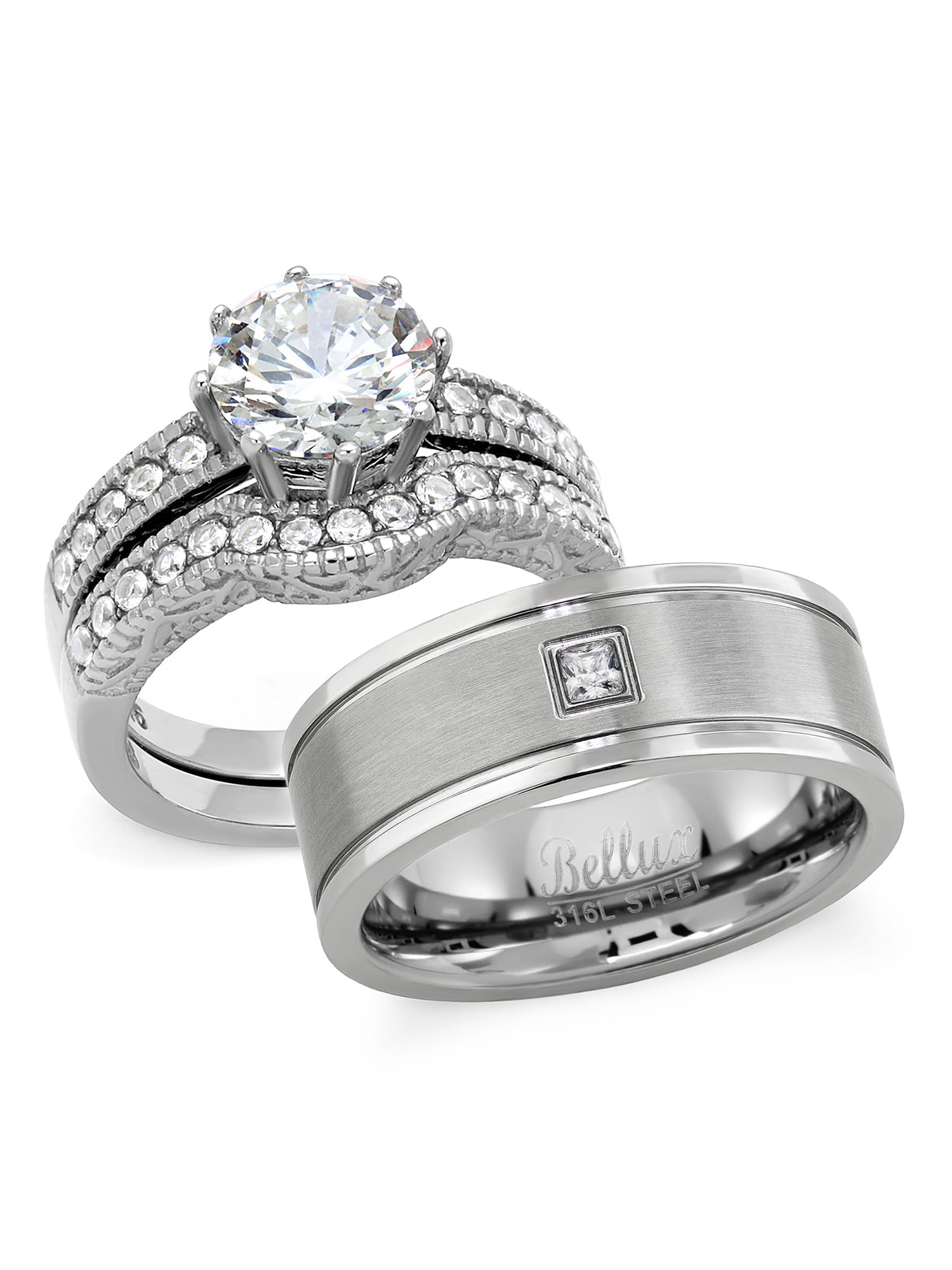 His and Hers Wedding Ring Set Stainless Steel 2.29 Carats Cubic