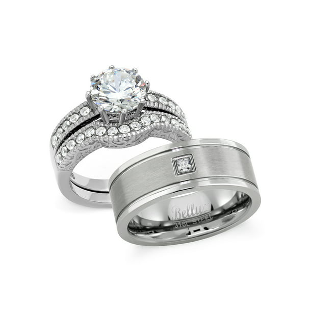 Bellux Style His  and Hers  Wedding  Ring Set  Stainless 