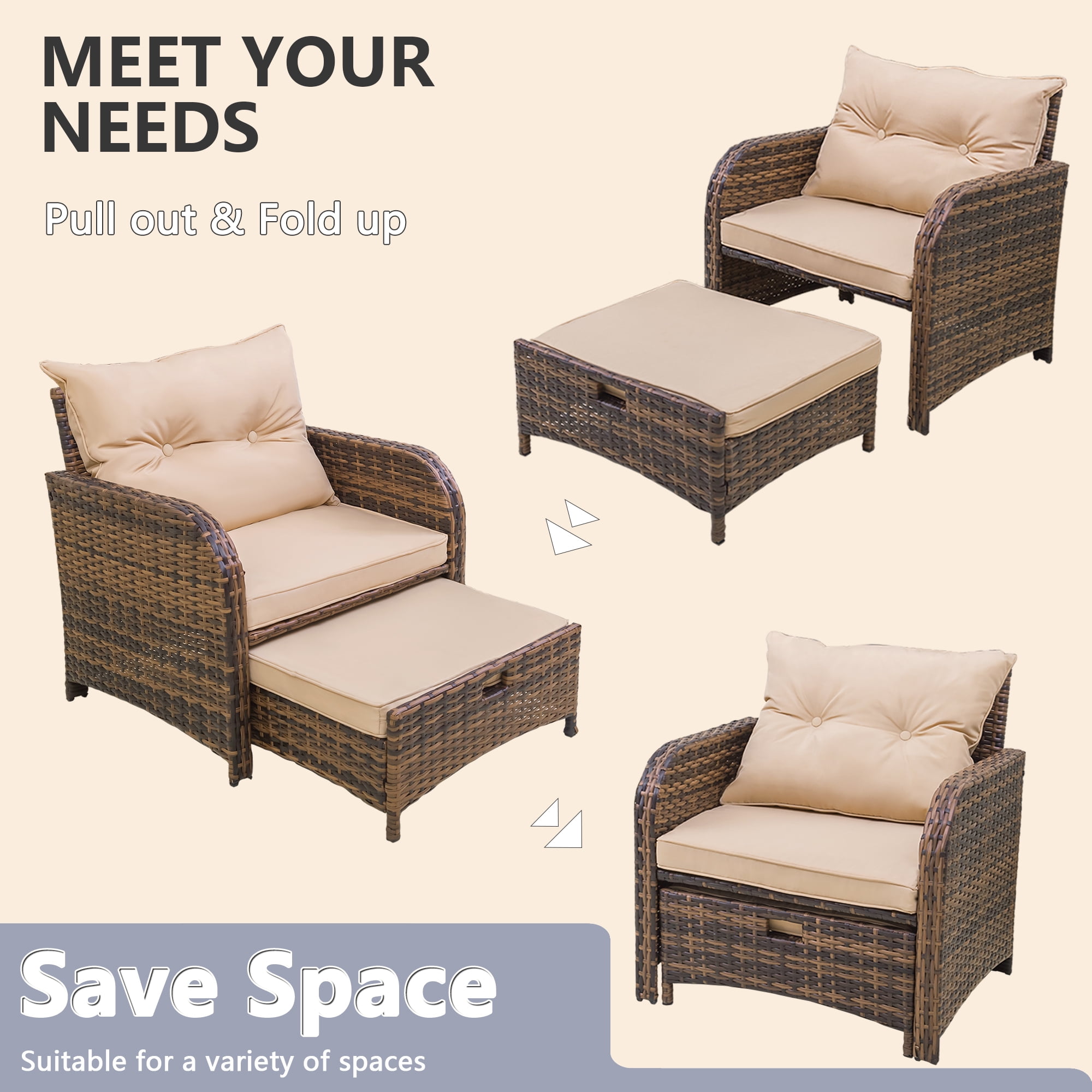 5 Pieces Wicker Outdoor Patio Chairs Set with Ottoman Underneath, Outdoor Chair Set with Ottoman and Table, PE Rattan Patio Conversation Furniture Set with Footrest, Beige