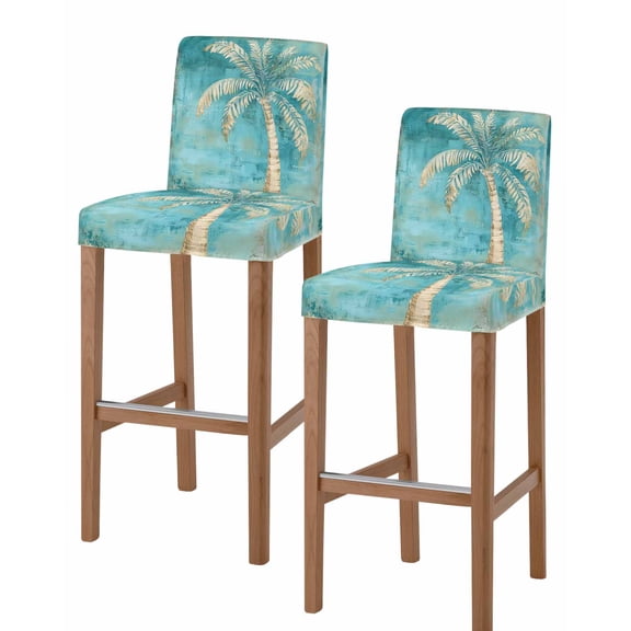 Green Tree Coastal Beach Bar Stool Covers - Stretch Dining Chair Covers Set of 2, Vintage Tropical Plant Bar Chair Cover Removable Counter Stool Pub Chairs Slipcovers Protectors for Kitchen/Cafe