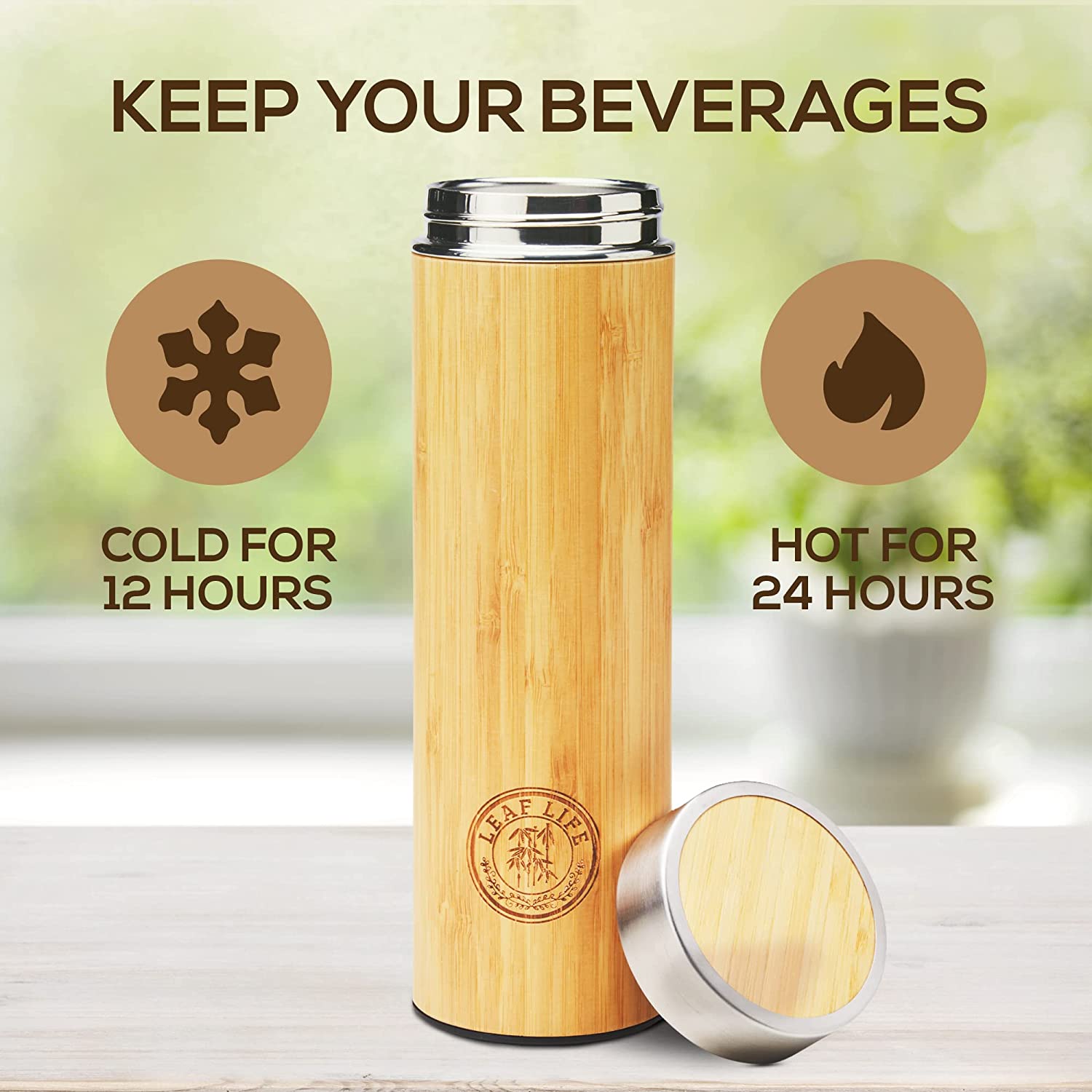 LeafLife Premium Bamboo Thermos with Tea Infuser & Strainer 17oz capacity - Keeps Hot & Cold for 12 Hrs - Vacuum Insulated Stainless Steel Travel Tea Tumbler Infuser Bottle for Loose Leaf Tea & Coffee - image 3 of 9