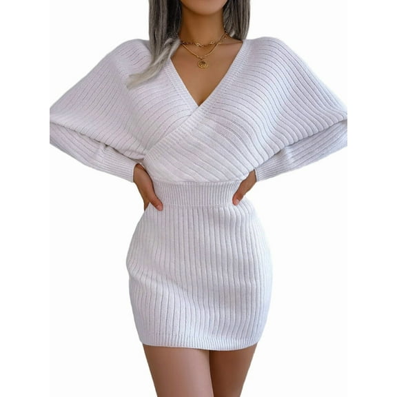 Women'S Cocktail Knitted Sweater Dress Long Sleeve Batwing Sleeve V-Neck Backless Mini Dress White S