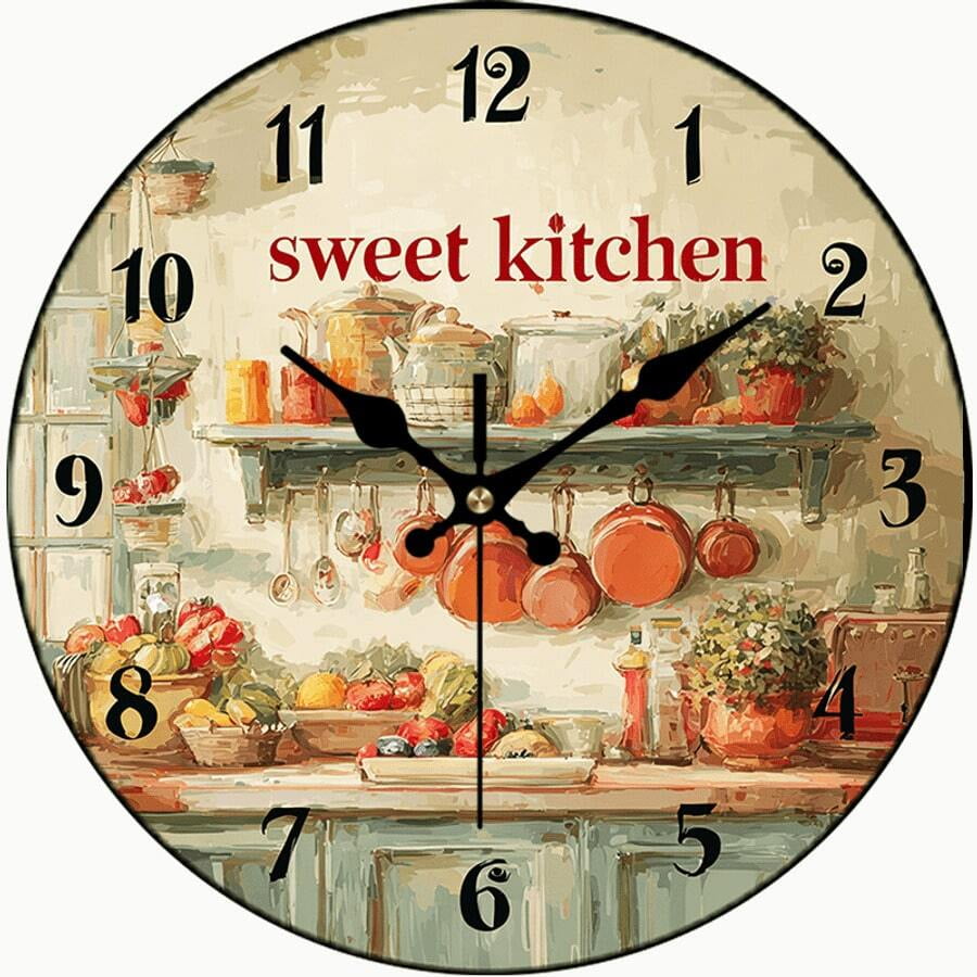 Sweet Kitchen Wall Clock, Vintage Oil Painting Style Round Silent Non-Ticking Wall Clock, Rustic Farmhouse Kitchen Utensil Fruit Art Clock, Country Home Decor for Kitchen Dining Room