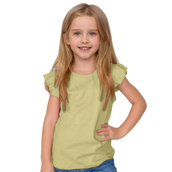 T-shirts Décontractés Amples pour Filles, Couleur Bonbon, Manches à Volants, Col Ras du Cou, Manches Courtes, pour Enfants