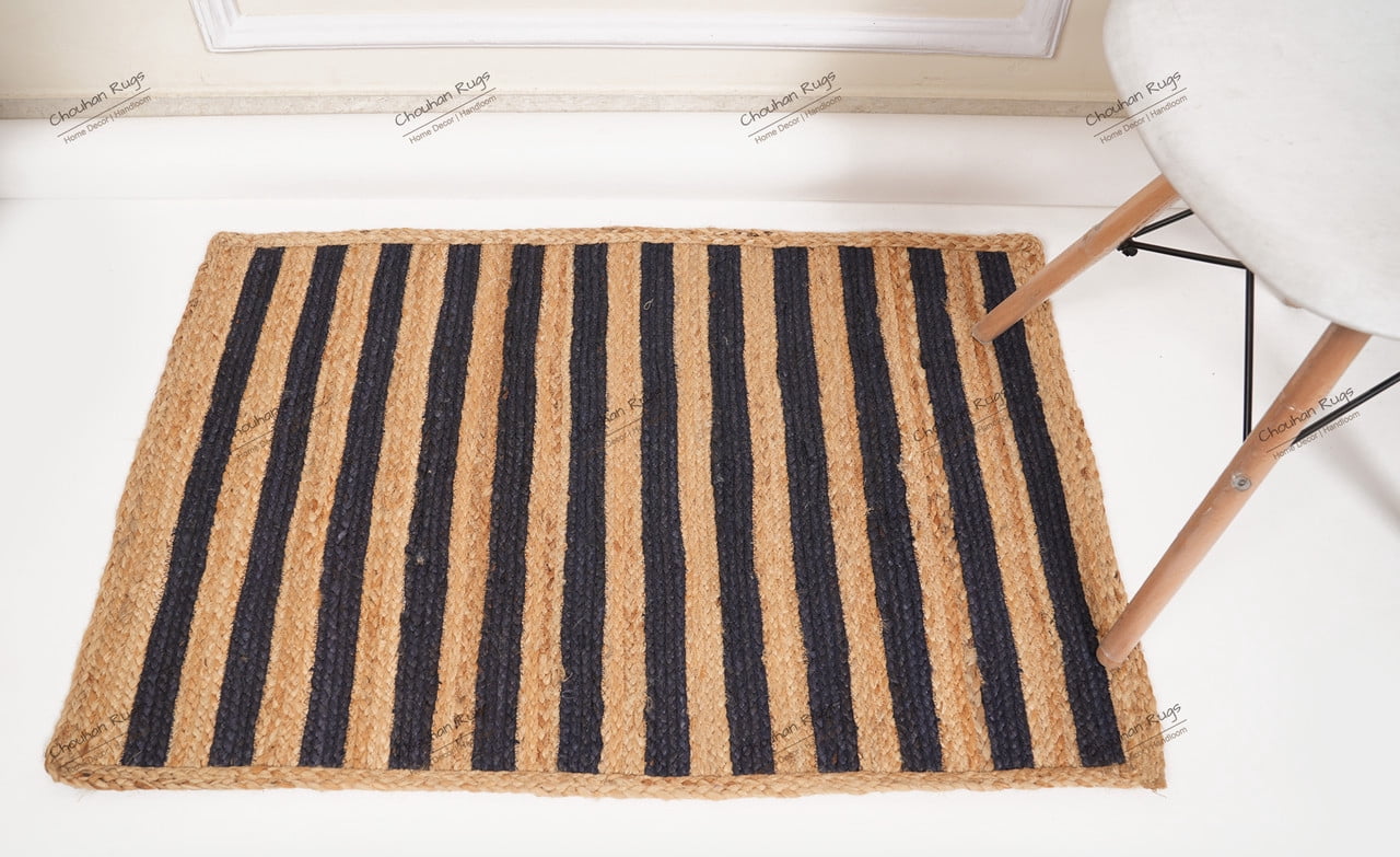Natural Jute Rug Hand Braided Beige and Navy Blue Scalloped Area Rug Rectangle Rug