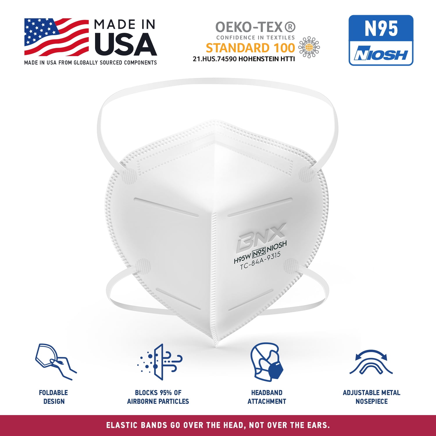 BNX N95 White Respirator Face Mask, 50-Pack, Model H95W
