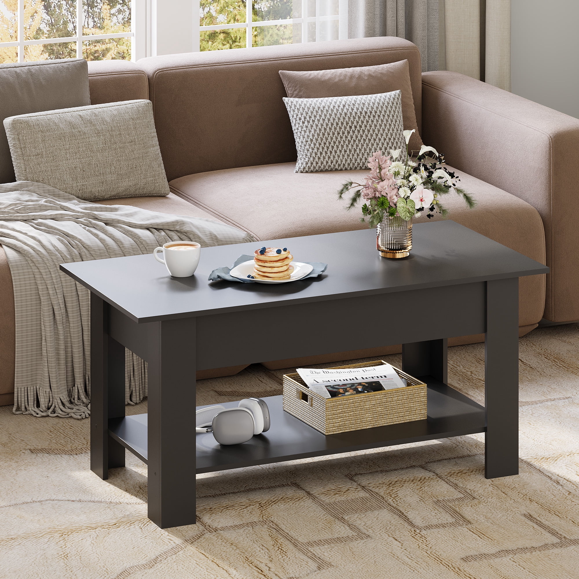 GALAXHERO 39" Lift Top Coffee Table with Storage Shelf & Hidden Compartment and Lifting Top for Home Living Room Office and Reception Room Black