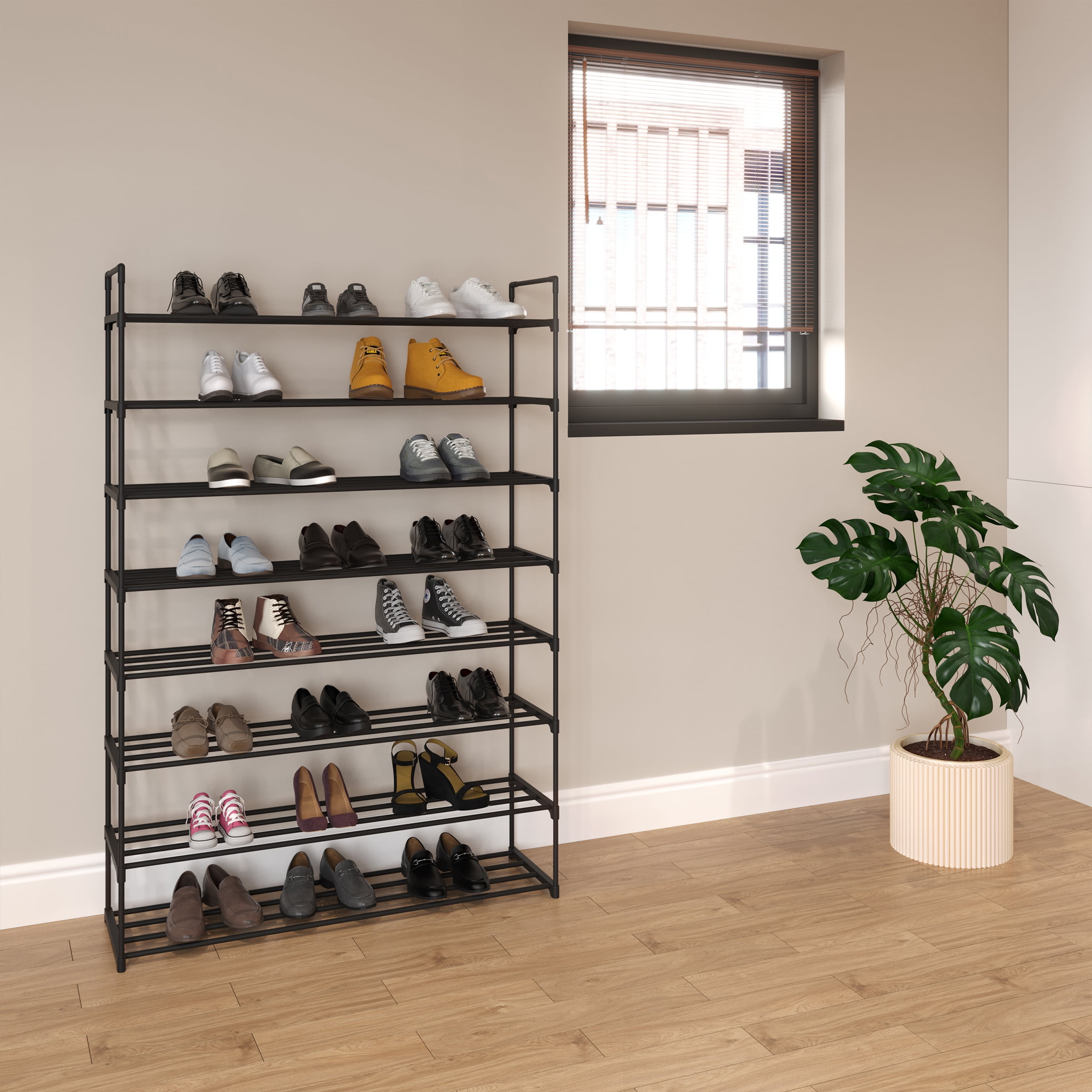Shoe Rack - 8-Tier Shoe Organizer for Closet, Bathroom, Entryway - Shelf Holds 40 Pairs Sneakers, Heels, Boots by Home-Complete (Black)