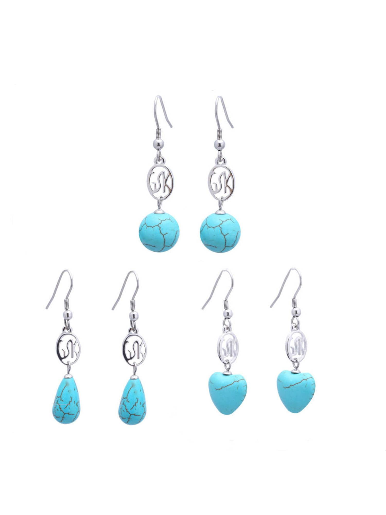 Gem Stone King 925 Sterling Silver Set of 3 Simulated Turquoise Earrings Heart Round Tear Drop
