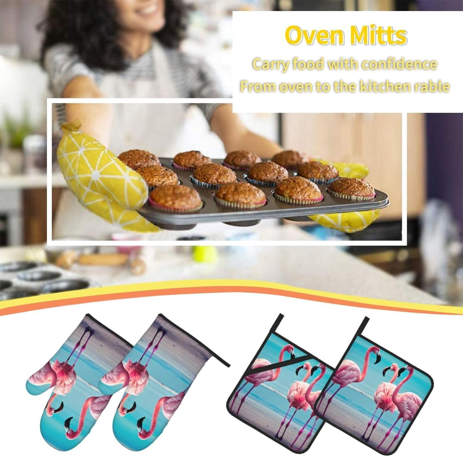 Flamingo Beach Print Oven Mitts and Pot Holders Sets of 4, Heat Resistant Kitchen Oven Gloves Hot Pads