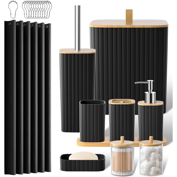 PHANCIR Bathroom Accessories Set-22 PCS Bathroom Set with Shower Curtain and Hooks, Toilet Brush, Trash Can & Soap Dish, Black