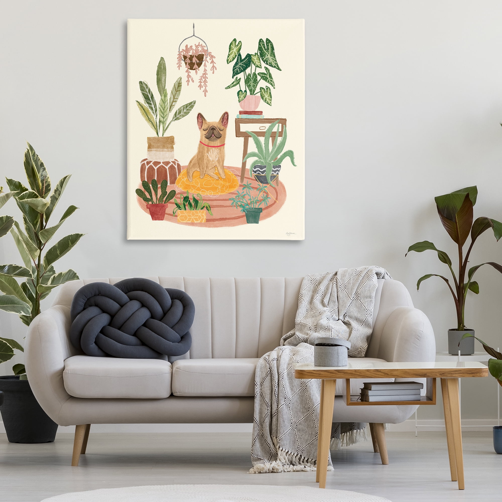 Stupell Industries Pug Dog with Plants Animals & Insects Painting Gallery Wrapped Canvas Art Print Wall Art, 36 x 48