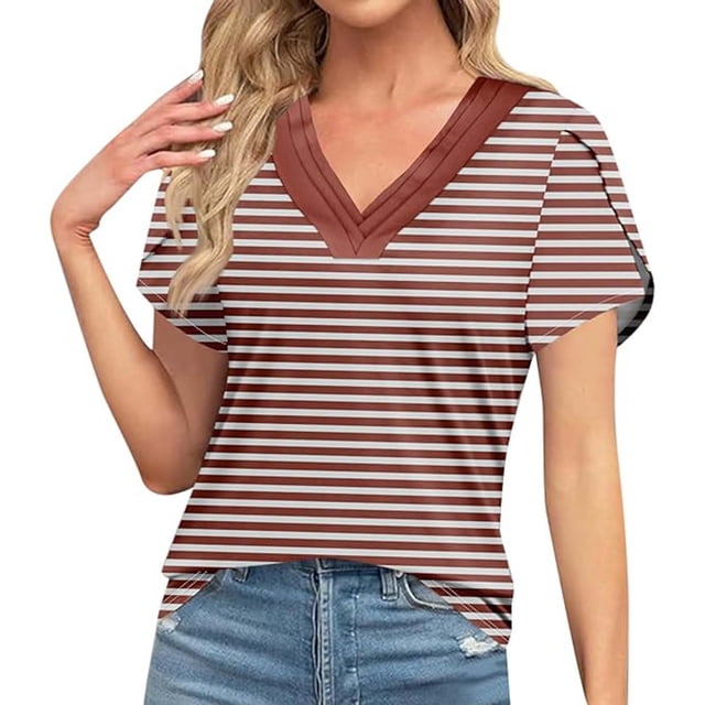 Women's Loose Casual Striped Color Block V-neck Short Sleeve Top, Comfortable and Stylish Everyday Tee, Trendy Color Block Design for Spring and Summer, Versatile Casual Blouse for Relaxed Fit