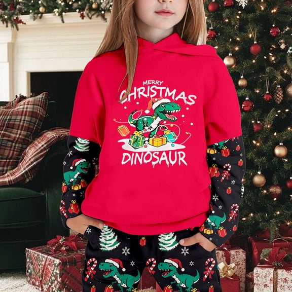 Hpapadks Girls Outfits Winter Thermal Dinosaur Print Long Sleeve Hooded Hoodie Pants Comfy Casual Playwear Set Girls' Clothing Sets
