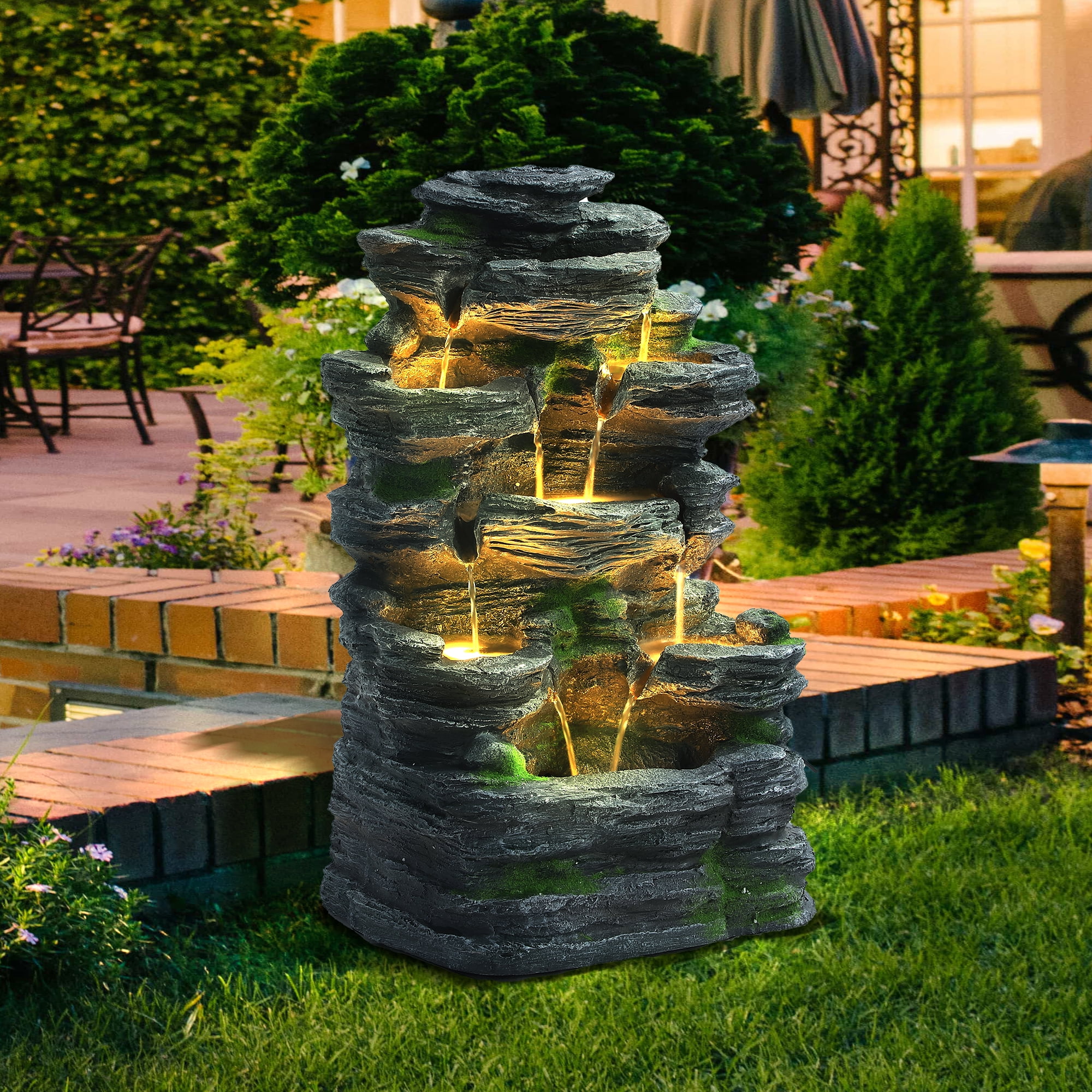 Haverchair 7 Tier Cascading Rock Outdoor Water Fountain, Garden Freestanding Rockery Natural Waterfall Fountains Outdoor with LED Light, Soothing Tranquility Fountains for Home Garden Yard, 24"H
