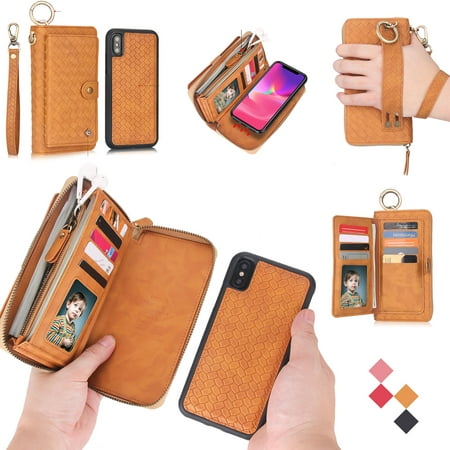iPhone X Case, iPhone XS Case Wallet, Allytech PU Leather Detachable Hand Strap Back Cover Credit Cards Holder Cash Pocket Clutch Zipper Girls Women Purse for Apple iPhone XS/ X 5.8
