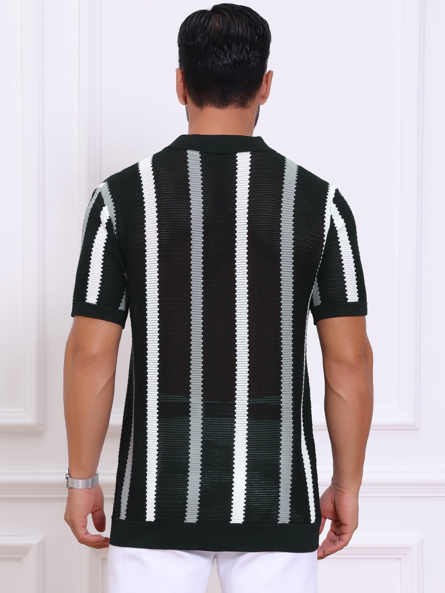 DARING DIVA Men's Hollow Knit Polo Shirt V Neck Short Sleeve Golf Polo Shirts S Black