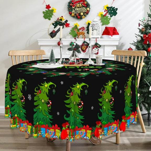 Black Christmas Round Tablecloth,Xmas Pine Trees Table Cover for Dining Kitchen Decor Party Banquet,72"