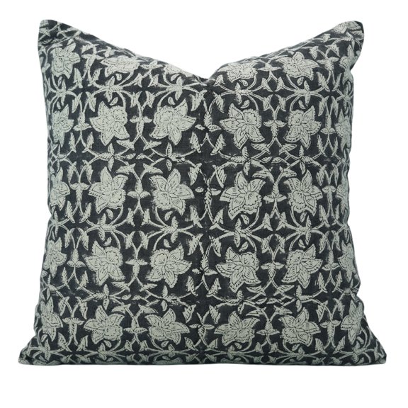 fabdivine Floral Block Print Pillow Covers Farmhouse Pillowcases Linen Cushion Case Decor for Home Sofa Couch Bed, 12"X20",Black