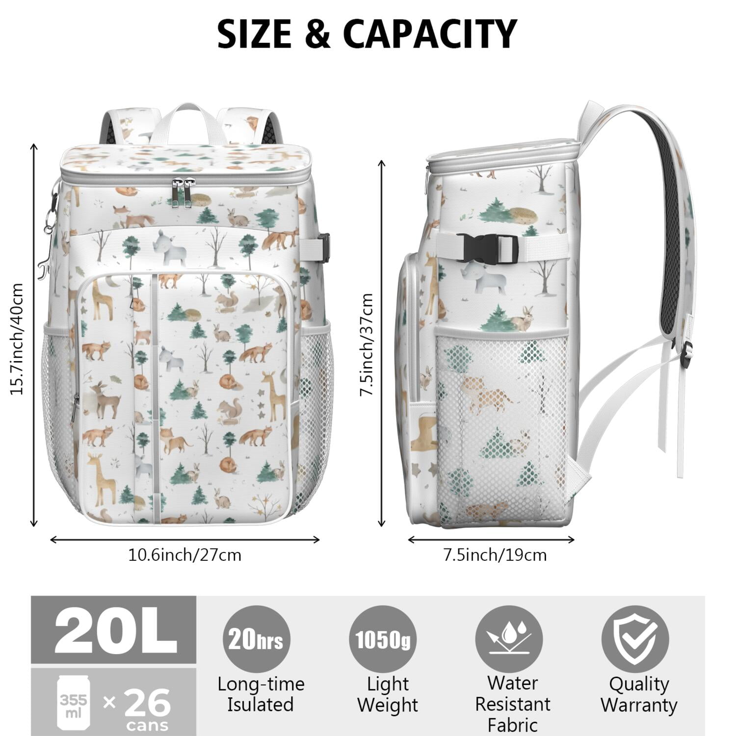 Travel Cooler Bag - White Christmas Forest Animal Pattern Camping Beer Cooler Backpack with Bottle Opener- Waterproof Insulated Picnic Backpacks - Cooler Bag for Beach