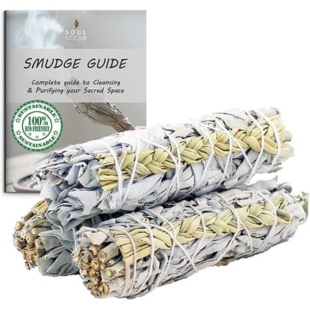 Soul Sticks 3 Pack Mixed White Sage and Sweetgrass Leaves Smudge Sticks 3 Pack | Grown in California Smudge Bundles | Smudge Guide Included