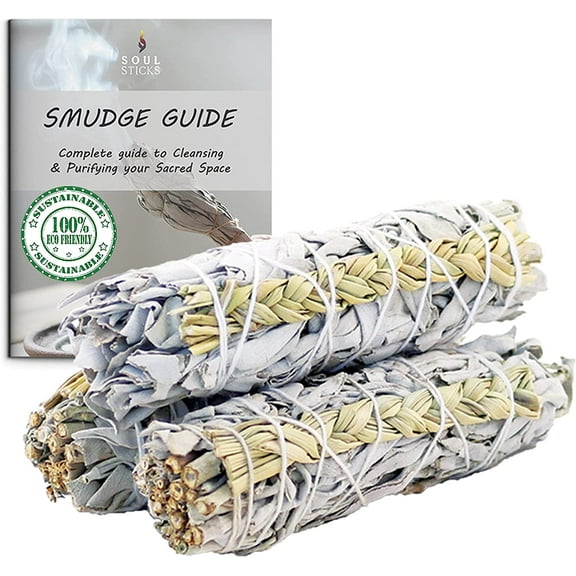 Soul Sticks 3 Pack Mixed White Sage and Sweetgrass Leaves Smudge Sticks 3 Pack | Grown in California Smudge Bundles | Smudge Guide Included